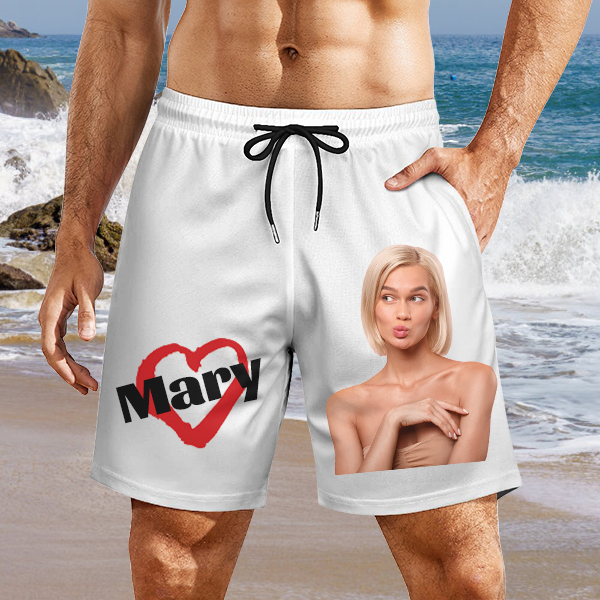 Custom Heart Mens‘ Shorts Personalized Photo Name Hawaiian Beach Shorts Gift For Him For Husband-mekesllser-Swimwear,Mekesllser,Red Heart,Summer Sale,Swimwear For Men,For Men,Hawaiian Shorts