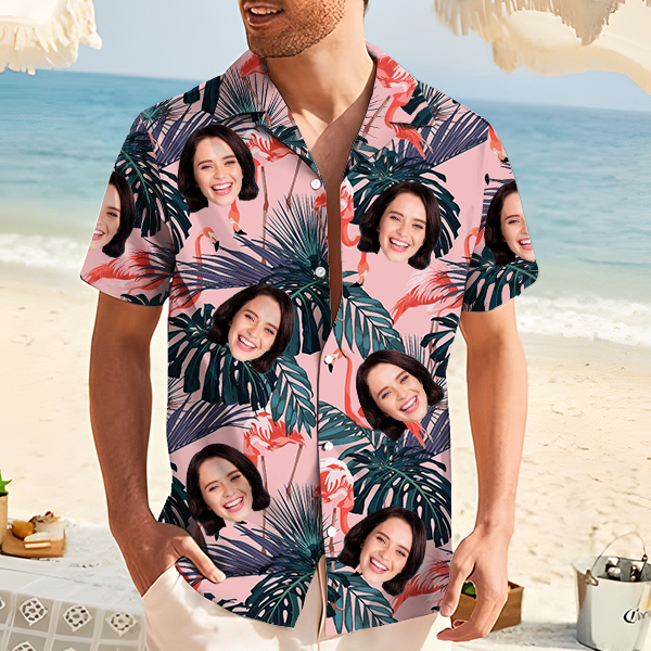 Custom Hawaiian Pink Flamingo Shirt With Personalized Face Holiday Plant Beach Shirt  Holiday Gift For Men, For Husband-mekesllser-Swimwear,Mekesllser,Summer Sale,Swimwear For Men,For Men,Hawaiian,Hawaiian Shirt,Men's Hawaiian Shirt