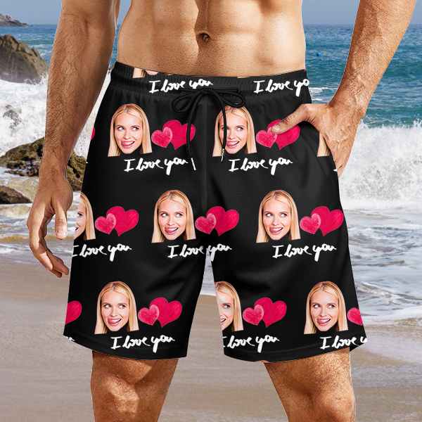 Custom Sweet Heart Mens‘ Shorts Personalized Photo Hawaiian Love Beach Shorts Gift For Him For Husband-mekesllser-Swimwear,Mekesllser,Red Heart,Summer Sale,Swimwear For Men,For Men,Hawaiian Shorts