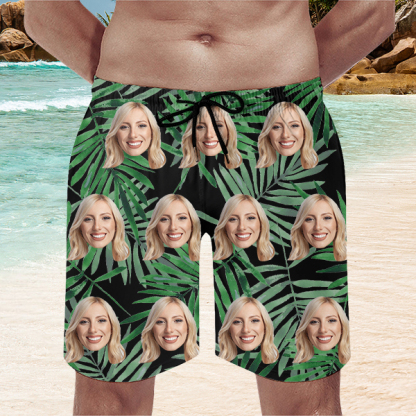 Custom Hawaiian Mens‘ Shorts Personalized Photo Green Leaves Hawaiian Sports Beach Shorts Gift For Him For Husband-mekesllser-Swimwear,Mekesllser,Summer Sale,Swimwear For Men,For Men,Hawaiian,Hawaiian Shorts