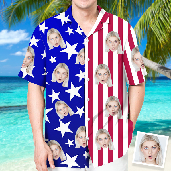 Custom Independence Day Hawaiian Shirt With Face Holiday American Flag Beach Shirt Beach Shirt Holiday Gift For Men-mekesllser-Swimwear,Mekesllser,American Flag,Summer Sale,Swimwear For Men,For Men,Hawaiian Shirt,Men's Hawaiian Shirt
