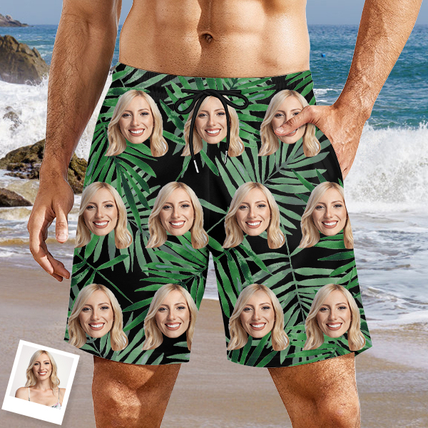 Custom Hawaiian Mens‘ Shorts Personalized Photo Green Leaves Hawaiian Sports Beach Shorts Gift For Him For Husband-mekesllser-Swimwear,Mekesllser,Summer Sale,Swimwear For Men,For Men,Hawaiian,Hawaiian Shorts