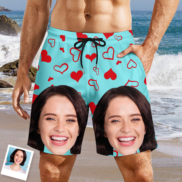 Custom Sweet Red Heart Mens‘ Shorts Personalized Photo Hawaiian Sweet Love Beach Shorts Gift For Him For Husband-mekesllser-Swimwear,Mekesllser,Red Heart,Summer Sale,Swimwear For Men,For Men,Hawaiian Shorts