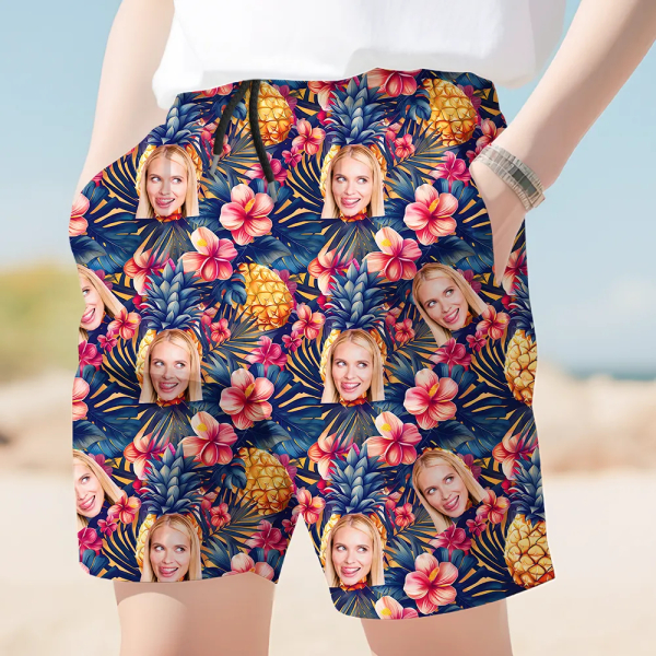 Custom Pineapple Mens Beach Shorts Personalized Photo Hawaiian Hibiscus Flower Sports Shorts Gift For Him For Husband-mekesllser-Swimwear,Mekesllser,Summer Sale,Beach Shorts,Swimwear For Men,For Men,Hawaiian
