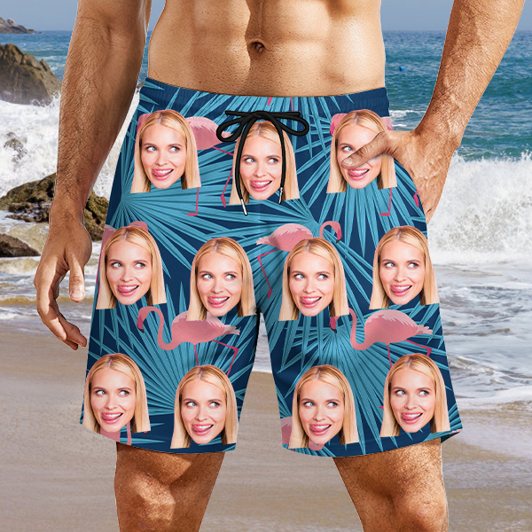 Custom Hawaiian Mens‘ Shorts Personalized Photo Hawaiian Dark Blue Sports Beach Shorts Gift For Him For Husband-mekesllser-Swimwear,Mekesllser,Summer Sale,Swimwear For Men,For Men,Hawaiian,Hawaiian Shorts