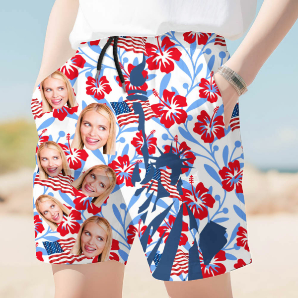 Custom American Flag Flower Men’s Beach Shorts Personalized Photo Independence Day Sports Shorts Gift For Him For Husband-mekesllser-Swimwear,Mekesllser,American Flag,Summer Sale,Beach Shorts,Swimwear For Men,For Men,Hawaiian,Independence Day