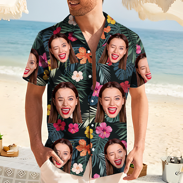 Custom Hawaiian Hibiscus Shirt With Personalized Face Holiday Flower Beach Shirt  Holiday Gift For Men, For Husband-mekesllser-Swimwear,Mekesllser,Summer Sale,Swimwear For Men,For Men,Hawaiian,Hawaiian Shirt,Men's Hawaiian Shirt