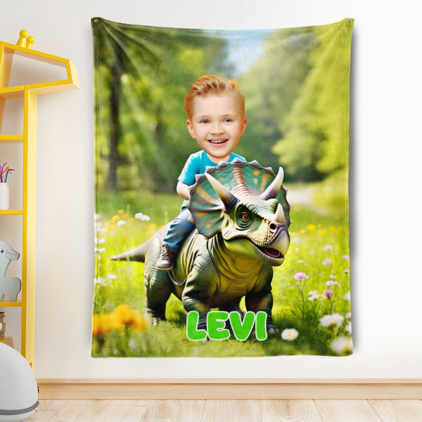 Custom Rainforest Dinosaur Blankets Personalized Boy Riding Triceratops Dinosaur Blanket Gift For Boys-mekesllser-dinosaur blanket,Mekesllser,For Kids,IP,Home&Living,Blanket,For Boys,Dinosaur,Kid's Animal Theme,Blanket for Boys,Autumn Sale,Children's Daily Style