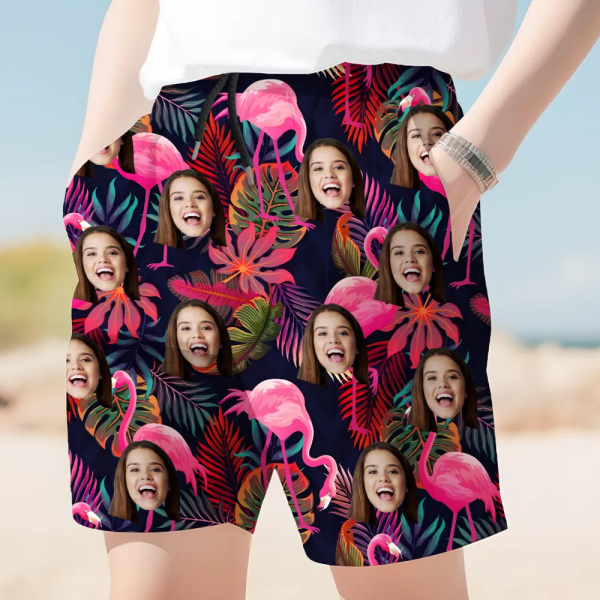 Custom Flamingo Mens Beach Shorts Personalized Photo Green Flower Hawaiian Flower Sports Shorts Gift For Him For Husband-mekesllser-Swimwear,Mekesllser,Summer Sale,Beach Shorts,Swimwear For Men,For Men,Hawaiian