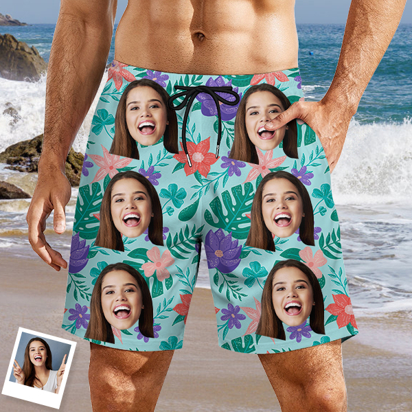Custom Hawaiian Mens‘ Shorts Personalized Photo Hawaiian Flower Sports Beach Shorts Gift For Him For Husband-mekesllser-Swimwear,Mekesllser,Summer Sale,Swimwear For Men,For Men,Hawaiian,Hawaiian Shorts