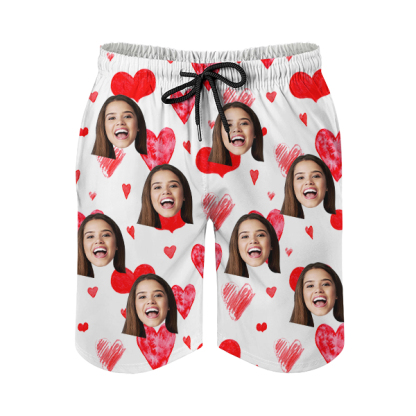 Custom Sweet Heart Mens‘ Shorts Personalized Photo Name Hawaiian Beach Shorts Gift For Him For Husband-mekesllser-Swimwear,Mekesllser,Red Heart,Summer Sale,Swimwear For Men,For Men,Hawaiian Shorts