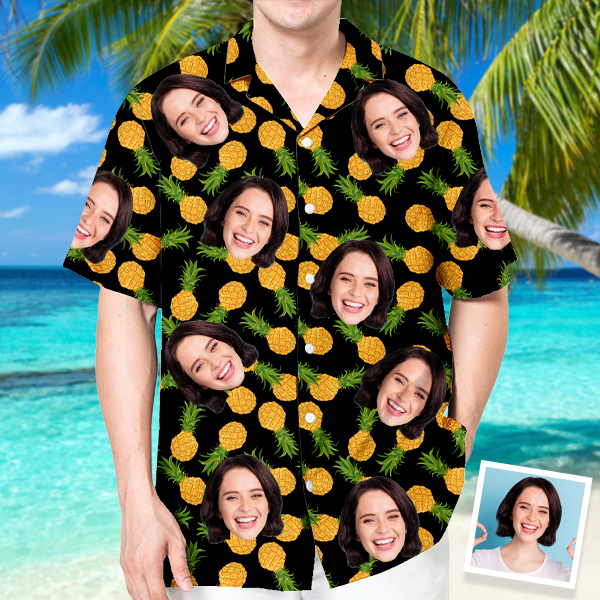 Custom Pineapple Hawaiian Shirt With Personalized Face Holiday Beach Shirt  Holiday Gift For Men, For Husband-mekesllser-Swimwear,Mekesllser,Summer Sale,Swimwear For Men,For Men,Hawaiian,Hawaiian Shirt,Men's Hawaiian Shirt