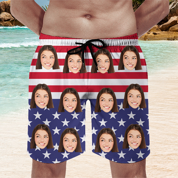 Custom American Flag Mens‘ Beach Shorts Personalized Photo Hawaiian Shorts Gift For Him For Husband-mekesllser-Swimwear,Mekesllser,American Flag,Summer Sale,Swimwear For Men,For Men,Hawaiian Shorts