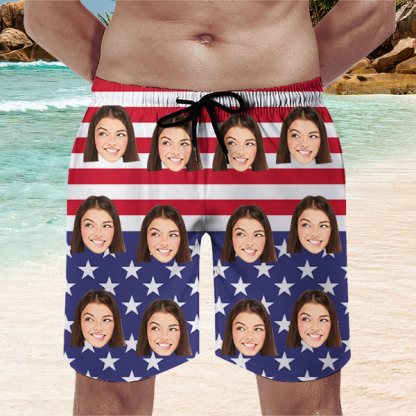 Custom American Flag Mens‘ Beach Shorts Personalized Photo Hawaiian Shorts Gift For Him For Husband-mekesllser-Swimwear,Mekesllser,American Flag,Summer Sale,Swimwear For Men,For Men,Hawaiian Shorts