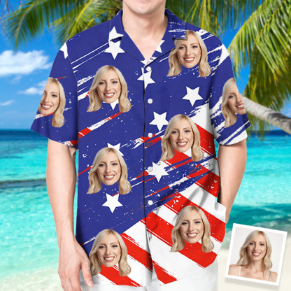 Custom American Flag Hawaiian Shirt With Face Holiday Independence Day Beach Shirt Beach Shirt Holiday Gift For Men-mekesllser-Swimwear,Mekesllser,American Flag,Summer Sale,Swimwear For Men,For Men,Hawaiian Shirt,Men's Hawaiian Shirt