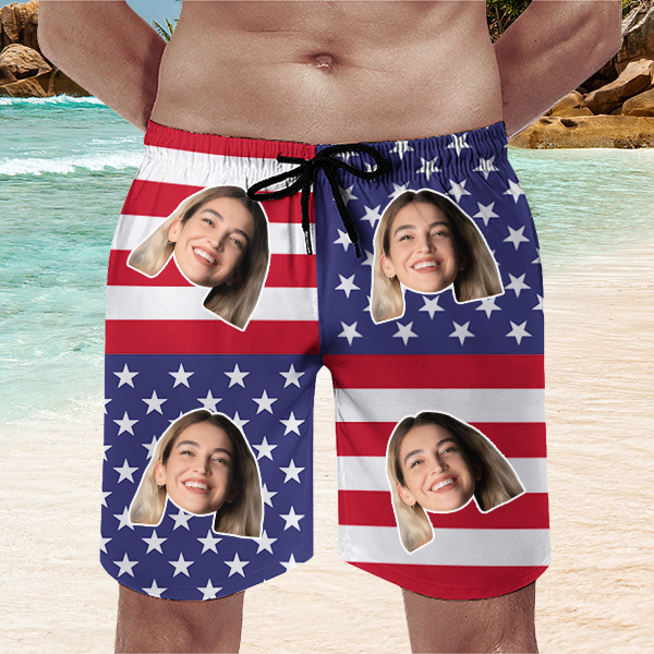 Custom American Flag Hawaiian Mens‘ Shorts Personalized Photo Hawaiian Beach Shorts Gift For Him For Husband-mekesllser-Swimwear,Mekesllser,American Flag,Summer Sale,Swimwear For Men,For Men,Hawaiian Shorts
