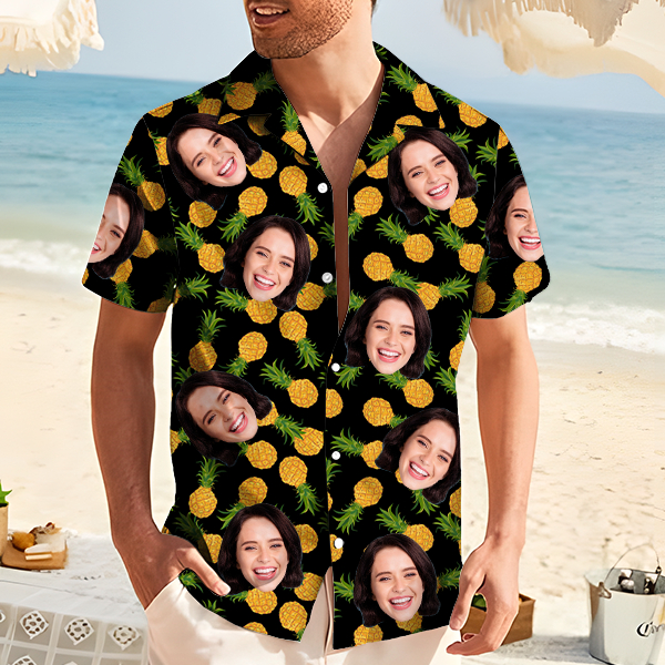 Custom Pineapple Hawaiian Shirt With Personalized Face Holiday Beach Shirt  Holiday Gift For Men, For Husband-mekesllser-Swimwear,Mekesllser,Summer Sale,Swimwear For Men,For Men,Hawaiian,Hawaiian Shirt,Men's Hawaiian Shirt
