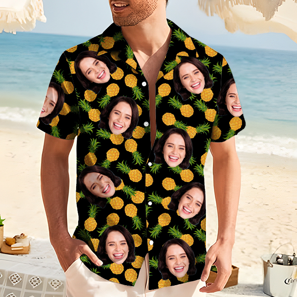 Custom Pineapple Hawaiian Shirt With Personalized Face Holiday Beach Shirt  Holiday Gift For Men, For Husband-mekesllser-Swimwear,Mekesllser,Summer Sale,Swimwear For Men,For Men,Hawaiian,Hawaiian Shirt,Men's Hawaiian Shirt