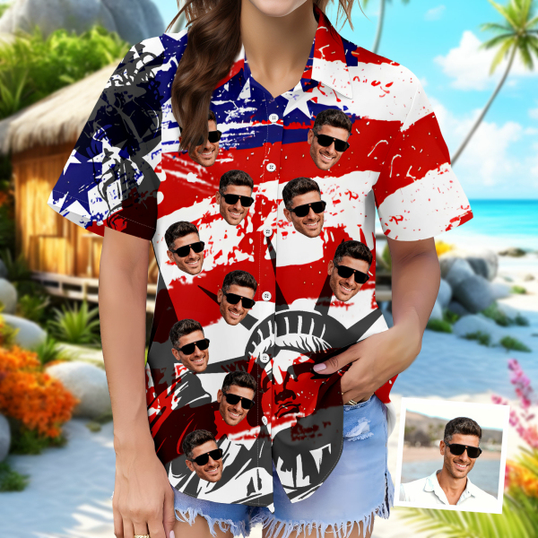 Custom Status Of Liberty Women's Hawaiian Shirt With Face American Flag Hawaiian Personalized Gifts For Her-mekesllser-Swimwear For Women,For Women,Swimwear,Mekesllser,American Flag,Summer Sale,Hawaiian Shirt,Women's Hawaiian Shirt