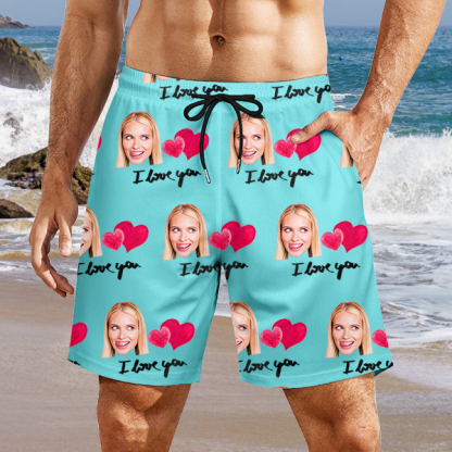 Custom Sweet Heart Mens‘ Shorts Personalized Photo Hawaiian Love Beach Shorts Gift For Him For Husband-mekesllser-Swimwear,Mekesllser,Red Heart,Summer Sale,Swimwear For Men,For Men,Hawaiian Shorts