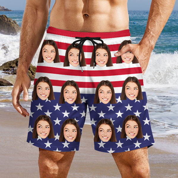 Custom American Flag Mens‘ Beach Shorts Personalized Photo Hawaiian Shorts Gift For Him For Husband-mekesllser-Swimwear,Mekesllser,American Flag,Summer Sale,Swimwear For Men,For Men,Hawaiian Shorts