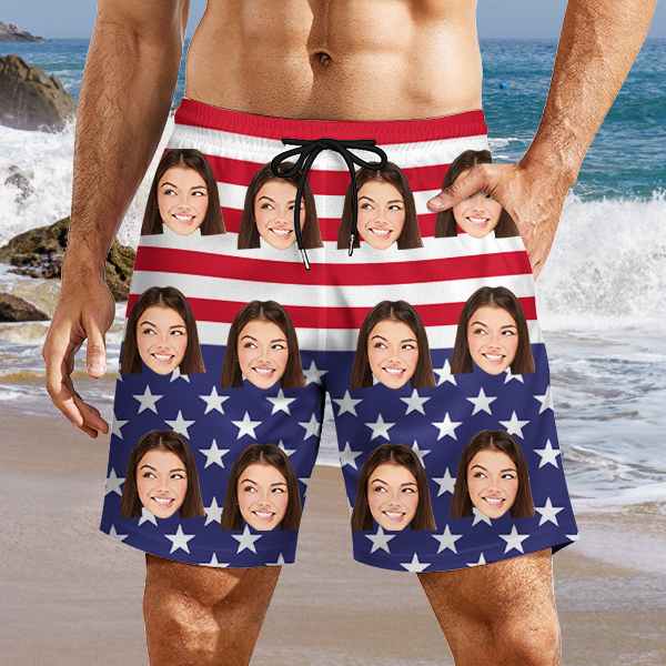 Custom American Flag Mens‘ Beach Shorts Personalized Photo Hawaiian Shorts Gift For Him For Husband-mekesllser-Swimwear,Mekesllser,American Flag,Summer Sale,Swimwear For Men,For Men,Hawaiian Shorts