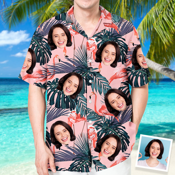 Custom Hawaiian Pink Flamingo Shirt With Personalized Face Holiday Plant Beach Shirt  Holiday Gift For Men, For Husband-mekesllser-Swimwear,Mekesllser,Summer Sale,Swimwear For Men,For Men,Hawaiian,Hawaiian Shirt,Men's Hawaiian Shirt