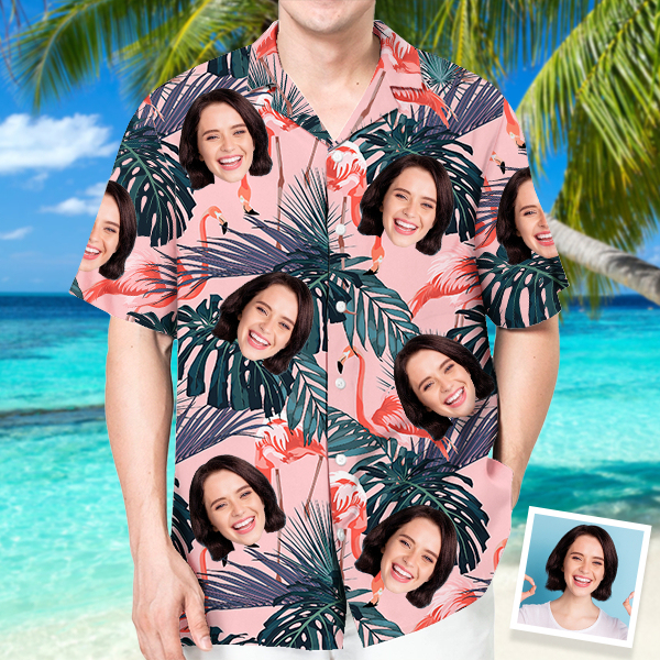Custom Hawaiian Pink Flamingo Shirt With Personalized Face Holiday Plant Beach Shirt  Holiday Gift For Men, For Husband-mekesllser-Swimwear,Mekesllser,Summer Sale,Swimwear For Men,For Men,Hawaiian,Hawaiian Shirt,Men's Hawaiian Shirt