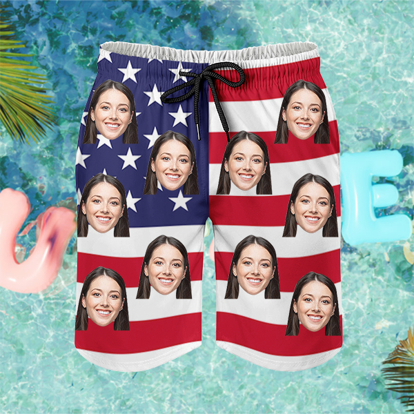 Custom American Flag Beach Shorts Personalized Photo Hawaiian Shorts Gift For Him For Husband-mekesllser-Swimwear,Mekesllser,American Flag,Summer Sale,Swimwear For Men,For Men,Hawaiian Shorts