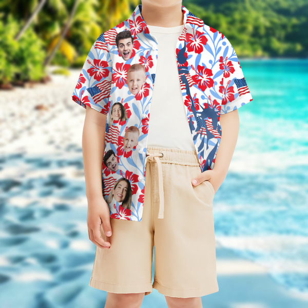 Custom Independence Day Flower Short Sleeve Shirt Face Teenage Hawaiian Shirt American Flag Beach Holiday Gift For Kids-mekesllser-Swimwear,Mekesllser,American Flag,Summer Sale,Hawaiian,Hawaiian Shirt,For Kids,Swimwear For Kids,Kid's Hawaiian Shirt,For Boys,For Girls
