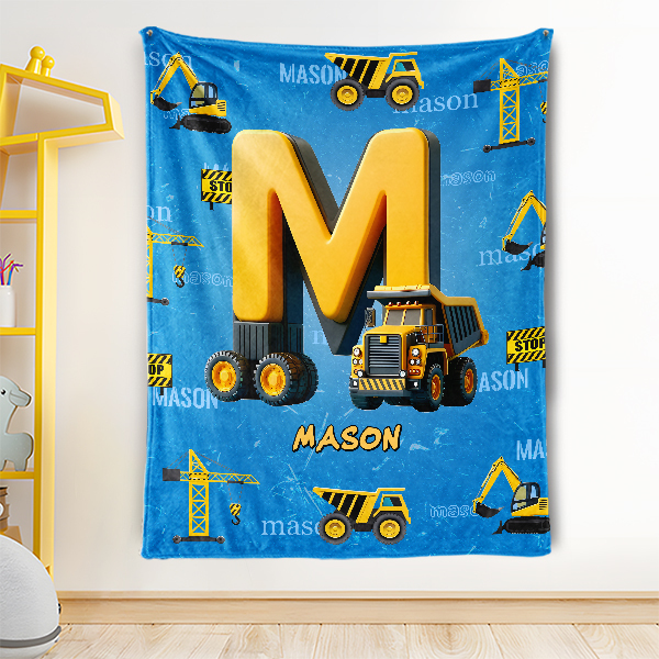 Custom Blue Construction Vehicles Letter Personalized Nmae Kid Blanket Gift For Boys-mekesllser-Mekesllser,For Kids,Home&Living,Blanket,For Boys,Kid's Simple Style,Blanket for Boys,Autumn Sale,Children's Daily Style