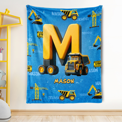 Custom Blue Construction Vehicles Letter Personalized Nmae Kid Blanket Gift For Boys-mekesllser-Mekesllser,For Kids,Home&Living,Blanket,For Boys,Kid's Simple Style,Blanket for Boys,Autumn Sale,Children's Daily Style