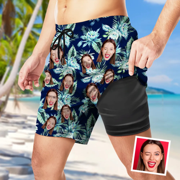 Custom Men’s Beach Shorts Personalized Photo  Hawaiian Flower Sports Shorts Gift For Him For Husband-mekesllser-Swimwear,Mekesllser,Summer Sale,Beach Shorts,Swimwear For Men,For Men,Hawaiian