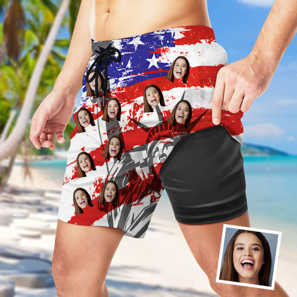 Custom Independence Day Men’s Beach Shorts Personalized Photo Sports Shorts Gift For Him For Husband-mekesllser-Swimwear,Mekesllser,American Flag,Summer Sale,Beach Shorts,Swimwear For Men,For Men,Independence Day