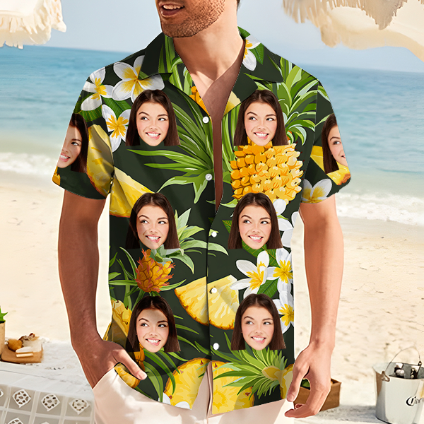 Custom Hawaiian Fruit Shirt With Personalized Face Holiday Pineapple Beach Shirt  Holiday Gift For Men, For Husband-mekesllser-Swimwear,Mekesllser,Summer Sale,Swimwear For Men,For Men,Hawaiian,Hawaiian Shirt,Men's Hawaiian Shirt