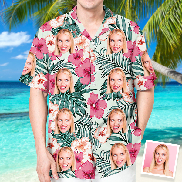 Custom Hawaiian Hibiscus Shirt With Personalized Face Holiday Flower Beach Shirt  Holiday Gift For Men, For Husband-mekesllser-Swimwear,Mekesllser,Summer Sale,Swimwear For Men,For Men,Hawaiian,Hawaiian Shirt,Men's Hawaiian Shirt