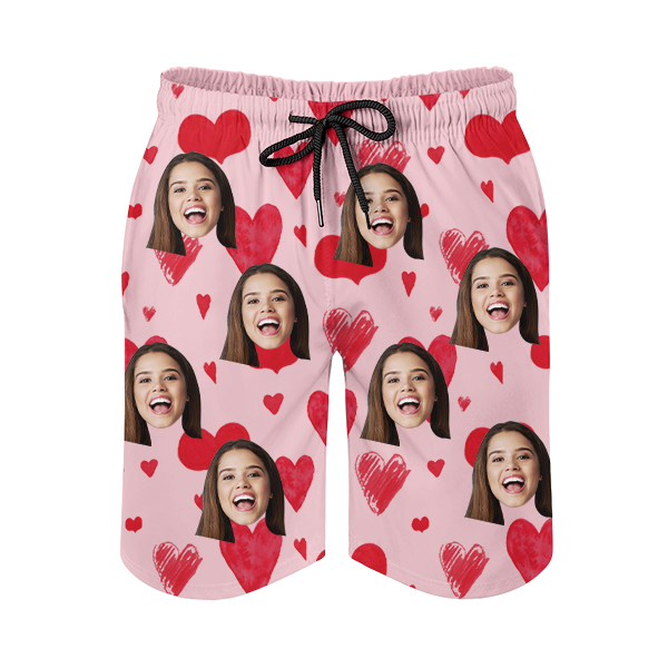 Custom Sweet Heart Mens‘ Shorts Personalized Photo Name Hawaiian Beach Shorts Gift For Him For Husband-mekesllser-Swimwear,Mekesllser,Red Heart,Summer Sale,Swimwear For Men,For Men,Hawaiian Shorts