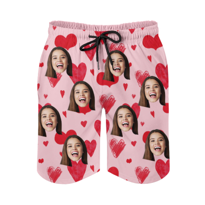 Custom Sweet Heart Mens‘ Shorts Personalized Photo Name Hawaiian Beach Shorts Gift For Him For Husband-mekesllser-Swimwear,Mekesllser,Red Heart,Summer Sale,Swimwear For Men,For Men,Hawaiian Shorts