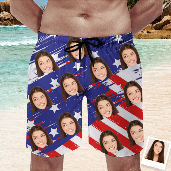 Custom American Flag Mens‘ Shorts Personalized Photo Hawaiian Beach Shorts Gift For Him For Husband-mekesllser-Swimwear,Mekesllser,American Flag,Summer Sale,Swimwear For Men,For Men,Hawaiian Shorts