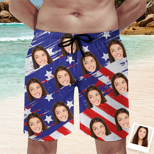 Custom American Flag Mens‘ Shorts Personalized Photo Hawaiian Beach Shorts Gift For Him For Husband-mekesllser-Swimwear,Mekesllser,American Flag,Summer Sale,Swimwear For Men,For Men,Hawaiian Shorts