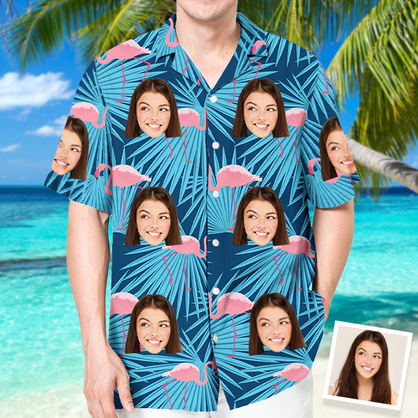 Custom Flamingo Hawaiian Shirt With Personalized Face Holiday Beach Shirt  Holiday Gift For Men, For Husband-mekesllser-Swimwear,Mekesllser,Summer Sale,Swimwear For Men,For Men,Hawaiian,Hawaiian Shirt,Men's Hawaiian Shirt
