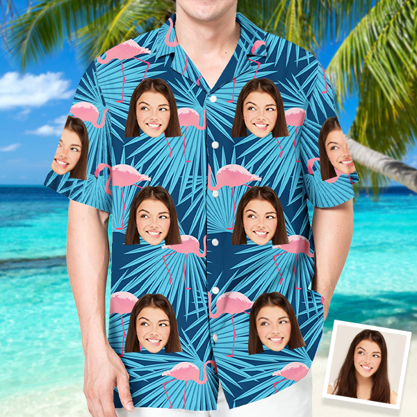 Custom Flamingo Hawaiian Shirt With Personalized Face Holiday Beach Shirt  Holiday Gift For Men, For Husband-mekesllser-Swimwear,Mekesllser,Summer Sale,Swimwear For Men,For Men,Hawaiian,Hawaiian Shirt,Men's Hawaiian Shirt