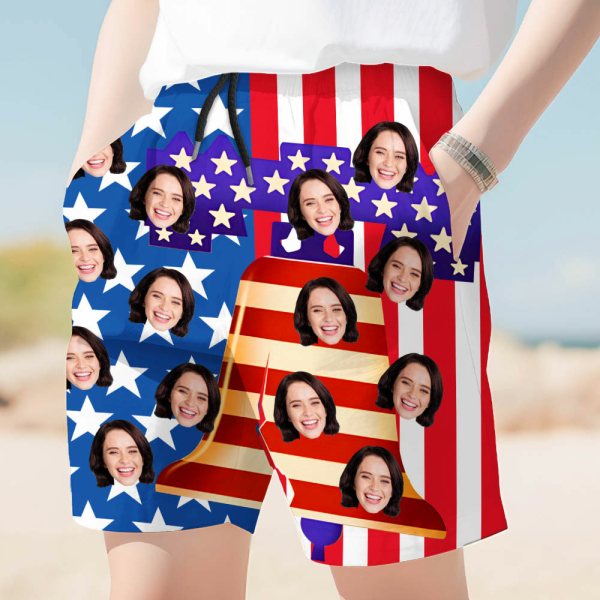 Custom American Flag Liberty Bell Men’s Beach Shorts Personalized Photo Independence Day Sports Shorts Gift For Him For Husband-mekesllser-Swimwear,Mekesllser,American Flag,Summer Sale,Beach Shorts,Swimwear For Men,For Men