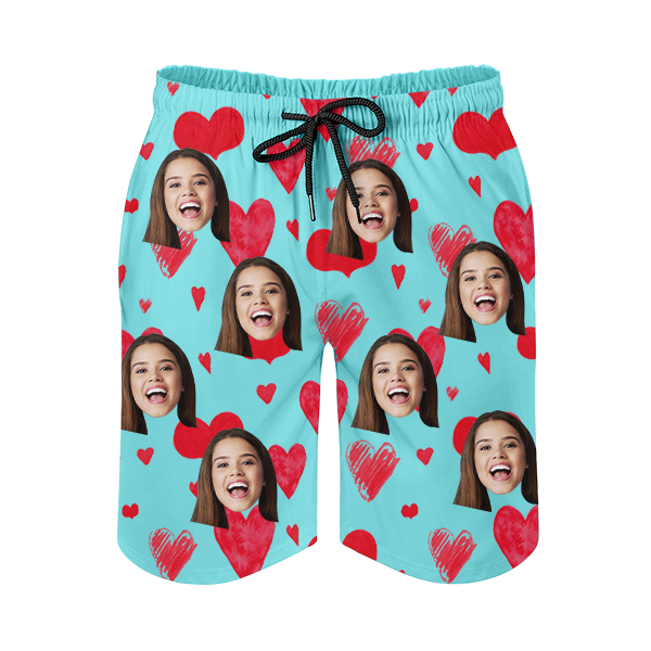 Custom Sweet Heart Mens‘ Shorts Personalized Photo Name Hawaiian Beach Shorts Gift For Him For Husband-mekesllser-Swimwear,Mekesllser,Red Heart,Summer Sale,Swimwear For Men,For Men,Hawaiian Shorts