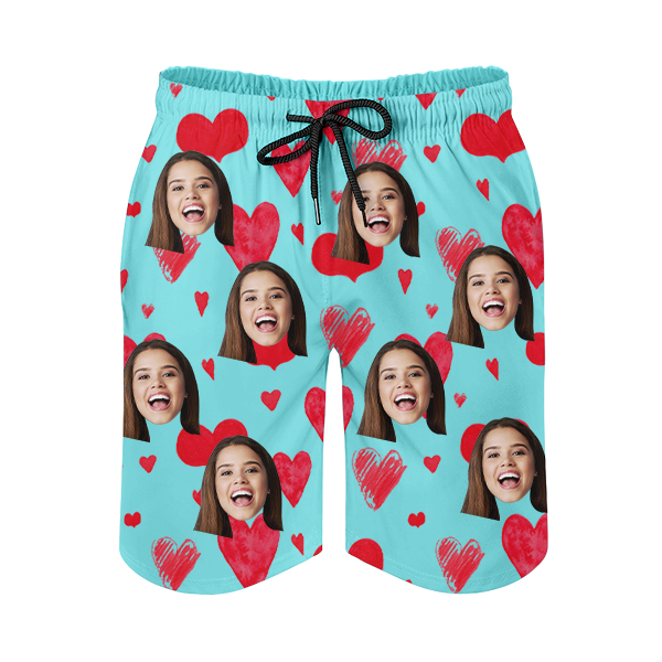 Custom Sweet Heart Mens‘ Shorts Personalized Photo Name Hawaiian Beach Shorts Gift For Him For Husband-mekesllser-Swimwear,Mekesllser,Red Heart,Summer Sale,Swimwear For Men,For Men,Hawaiian Shorts