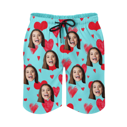 Custom Sweet Heart Mens‘ Shorts Personalized Photo Name Hawaiian Beach Shorts Gift For Him For Husband-mekesllser-Swimwear,Mekesllser,Red Heart,Summer Sale,Swimwear For Men,For Men,Hawaiian Shorts