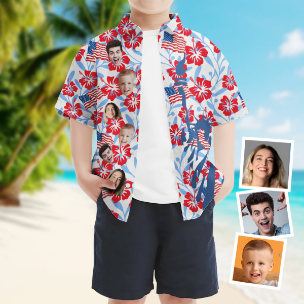 Custom Independence Day Flower Short Sleeve Shirt Face Teenage Hawaiian Shirt American Flag Beach Holiday Gift For Kids-mekesllser-Swimwear,Mekesllser,American Flag,Summer Sale,Hawaiian,Hawaiian Shirt,For Kids,Swimwear For Kids,Kid's Hawaiian Shirt,For Boys,For Girls