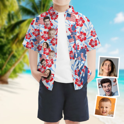 Custom Independence Day Flower Short Sleeve Shirt Face Teenage Hawaiian Shirt American Flag Beach Holiday Gift For Kids-mekesllser-Swimwear,Mekesllser,American Flag,Summer Sale,Hawaiian,Hawaiian Shirt,For Kids,Swimwear For Kids,Kid's Hawaiian Shirt,For Boys,For Girls