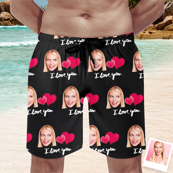 Custom Sweet Heart Mens‘ Shorts Personalized Photo Hawaiian Love Beach Shorts Gift For Him For Husband-mekesllser-Swimwear,Mekesllser,Red Heart,Summer Sale,Swimwear For Men,For Men,Hawaiian Shorts