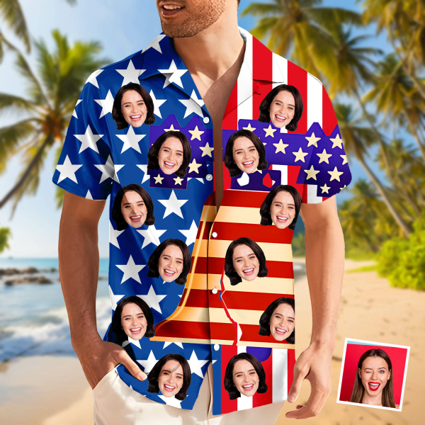 Customthe Independence Day American Flag Hawaiian Shirt With Face Holiday Beach Shirt Liberty Bell Beach Shirt Holiday Gift For Men, For Husband-mekesllser-Swimwear,Mekesllser,American Flag,Summer Sale,Swimwear For Men,For Men,Hawaiian Shirt,Men's Hawaiian Shirt